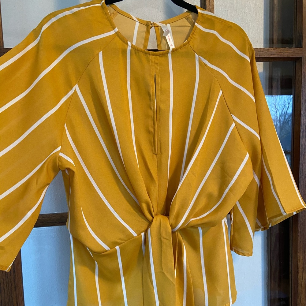 Mustard and Ivory striped top with tie waist